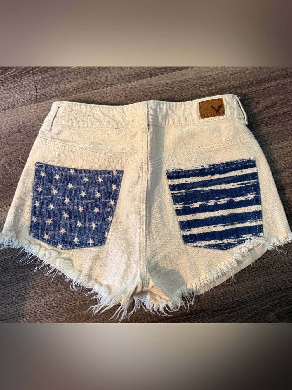 American Eagle Festival Denim Shorts High Rise Flag Stars Stripes Cream Womens 4